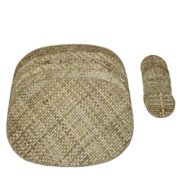 Vintage Placemats Coasters Napkins Set 6 Straw Back Batik Fabric Tiki Bar Patio - Picture 6 of 10